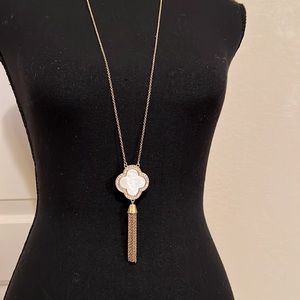 Vintage mother of pearl clover tassel necklace